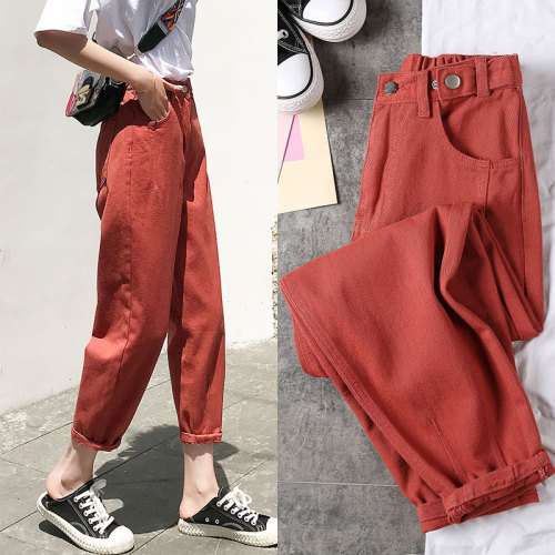 women‘s casual jeans autumn and winter loose multi-button elastic high waist daddy pants all-match velvet multi-color harem pants