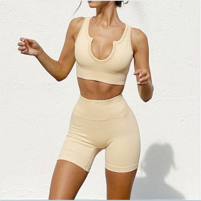Summer New Seamless V-neck Sportswear Workout Top Quick-Drying Thickening Striped Yoga Clothes Short Sleeve Shorts Suit for Women