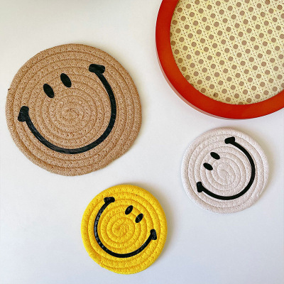 New Cotton and Linen Smiley Face Coaster Artificial Woven Placemat Nordic and Japanese Style Heat Proof Mat Smiley Face Cup Mat Bowl Mat Spot