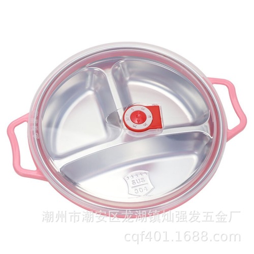304 dinner plate stainless steel three grid fast food plate deepening student children‘s lunch box kindergarten round grid meal tray