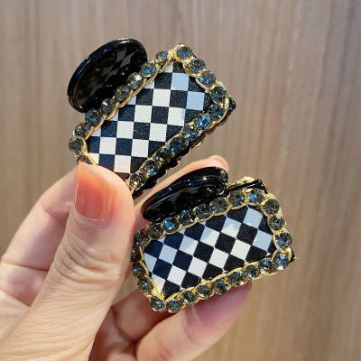 Korean Style Chessboard Black and White Plaid Rhinestone Hair Claws Fashion Elegant Hair Clip Bang Clip Simple Best-Seller on Douyin New Hair Accessories