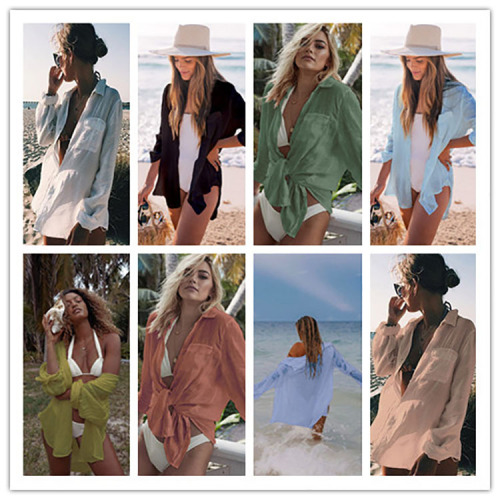 Cross-Border European and American New Crepe Cloth Shirt Beach Sun Protection Shirt Seaside Leisure Holiday Skirt Swimsuit Cover-up 8 Colors