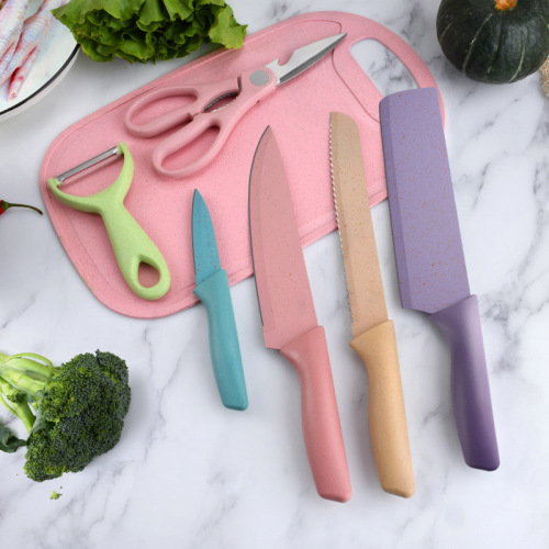 colorful wheat straw knives seven-piece knife kitchen stainless steel household kitchen knife with cutting board combination knife gift set