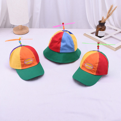 New Children's Propeller Rotating Bamboo Dragonfly Baseball Hat Men and Women Baby Fashion Rainbow Color-Blocking Sun-Proof Basin Hat