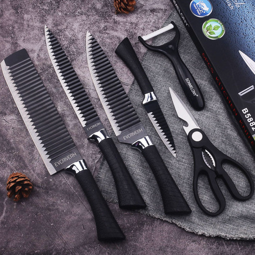kitchen black knife set pp handle wave-shaped stainless steel six-piece set paint chinese full set of knives business gifts