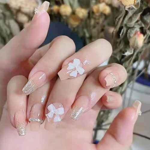 internet celebrity fake nail stickers ballet long chain bow nail pads removable fairy nail stickers wear nail pads