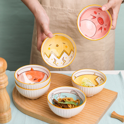 Wholesale Underglaze Japanese Style Bowl Dish Tableware Household Bowl Plate Combination Children Cartoon Ceramic Bowl Cute Bowl and Chopsticks Set