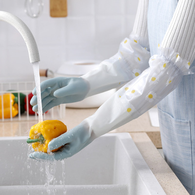 Daisy Two-Color Gloves Women's Dishwashing Kitchen Household Thickened Vegetable Washing Household Cleaning Laundry Durable