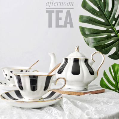 Retro Style Black and White Dots and Stripes Bone China European Golden Rim Coffee Set Set Ins Photography Afternoon Tea