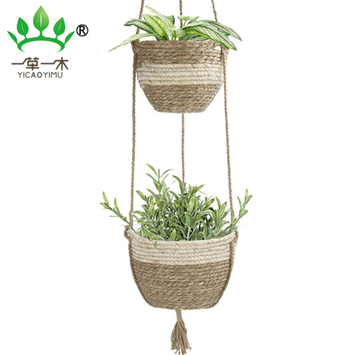 factory direct supply hand-woven cradle and flower pot hanging gardening european creative cotton string hanging basket pot straw woven flowerpot