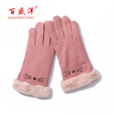 INS Autumn and Winter Embroidered Cat Cute Student Fashionable Warm Korean Style Spot Wind-Proof and Cold Protection Cycling and Driving Gloves