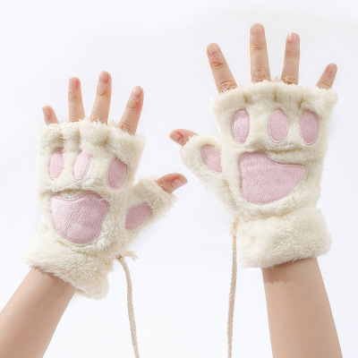 Spring, Autumn and Winter Warm Half Finger Adult Gloves for Boys and Girls Cute Solid Color Hand-Shaped Brush Cat's Paw in Stock Wholesale Gloves