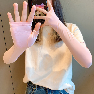 Ice Sleeve Arm Integrated Non-Slip Lengthened Sun Protection Gloves Female Ice Silk Outdoor Oversleeve Half Finger Female UV Protection Riding