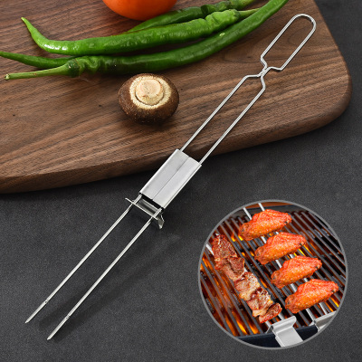 Manufacturer Stainless Steel Semi-automatic Double-Headed Barbecue Fork BBQ Barbecue Fork Outdoor Barbecue Tools Portable Skewer