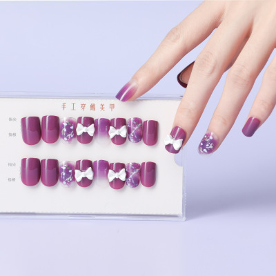 Tiktok Hot Selling Product 30 Pieces Short Plastic Boxed Manicure Fake Nails Handmade Wear Spot Drill Nail Purple Finished Product