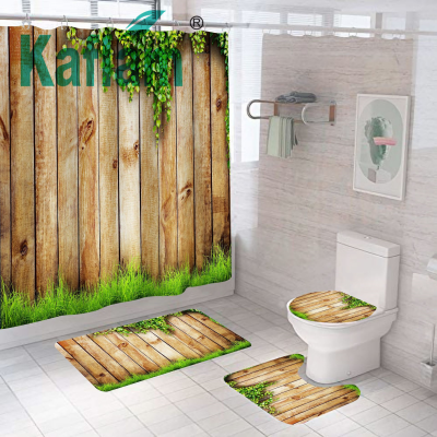 Amazon Cross-Border Direct Sales Digital Printing Wooden Door Series Waterproof Bathroom Shower Curtain Four-Piece Set 