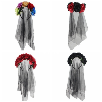 New European and American Halloween Party Headband Witch Dress up Hair Accessories Red Black Rose Flower Veil Day of the Dead Head Buckle