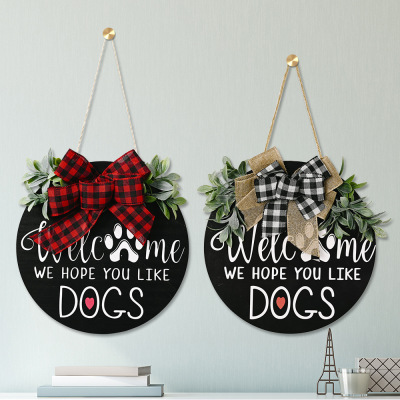 New American Country Wooden Doorplate Plaid Bow Home Decoration Small Leaf Garland Door Ornament Dog