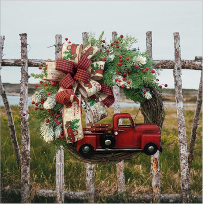 New Arrival Red Truck Christmas Wreath Farmhouse Red Truck Wreath Christmas Decoration Winter Wreath