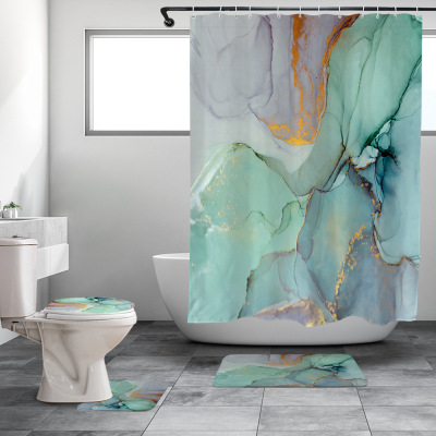 Amazon Hot Sale Marble Waterproof Printing Shower Curtain Absorbent Non-Slip Toilet Three-Piece Bathroom Combination Four-Piece Set