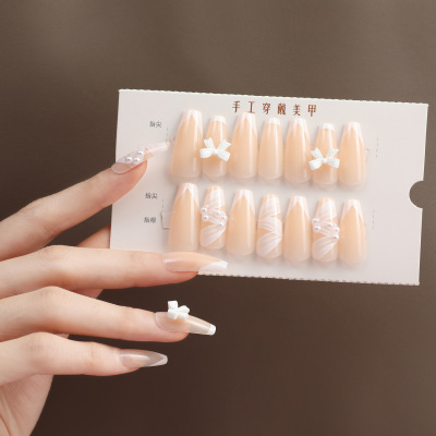 Tiktok Same Style French Style 30 Pieces Handmade Spot Drill Wear Nail Finished Manicure Fake Nail Tip Wholesale Free Kit