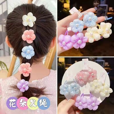 2 Pieces ~ Flower Children's Rubber Band Cute High Elastic Pink Does Not Hurt Hair Partysu Hair Accessories Girls Pearl Hair Ring