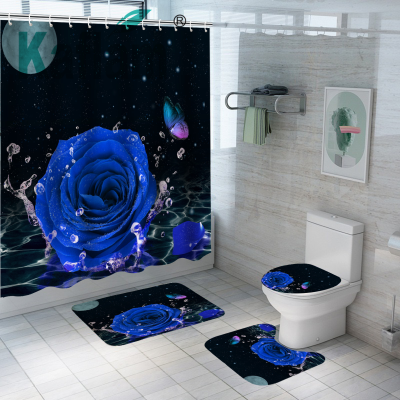 Cross-Border E-Commerce Water Medium Blue Pattern Shower Curtain Set Digital Printing Polyester Shower Curtain 