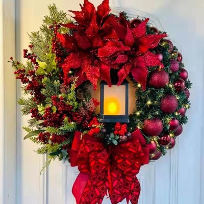 New Christmas Holiday Decorations Christmas Oil Lamp with Christmas Red Flower Christmas Garland Door Hanging