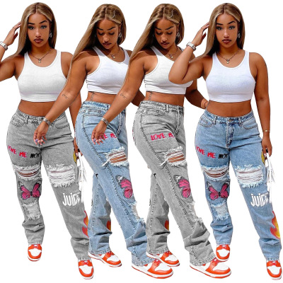 Cross-Border European and American Women's Clothing Digital Positioning Printing Ripped Fashion Jeans for Women