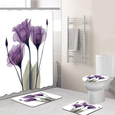Cross-Border Amazon Hot Sale Bathroom Non-Slip Mat Four-Piece Purple Floral Printed Waterproof Mildew-Proof Shower Curtain Floor Mat