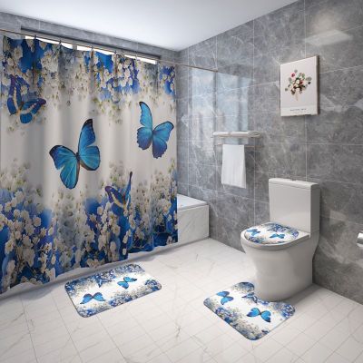 Shower Curtain Cross-Border Direct Supply Wholesale Polyester 3D Printing Shower Curtain Waterproof Shower Curtain Rose Butterfly Non-Slip Mat Four-Piece Set