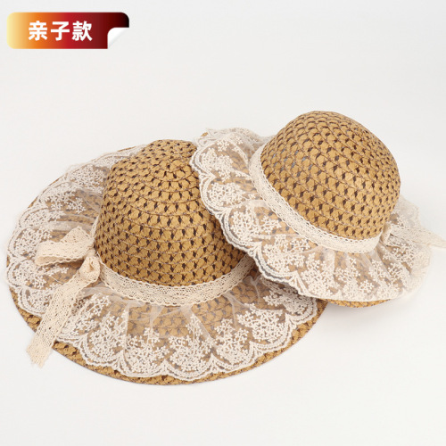 Spring and Summer New Lace Bow Straw Hat Mother-Daughter Parent-Child Big Brim Summer Hat Children‘s Summer Beach Sun Protection Sun Hat