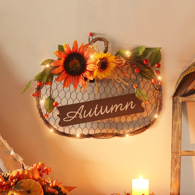 Cross-Border Harvest Halloween Home Decorations Led Autumn Sunflower Iron Net Wooden Board Artificial Wreath Pendant