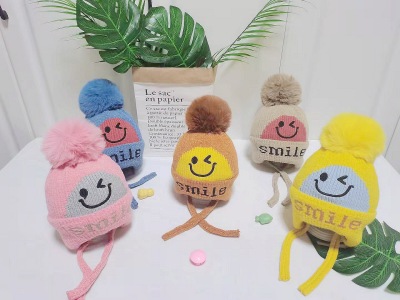 Children's Knitted Hat for 1-5 Years Old Cute Smiley Face Earmuffs Children Hat