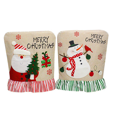 Christmas Embroidery Elderly Snowman Chair Cover Linen Lace Chair Cover Christmas Back Cushion Decoration