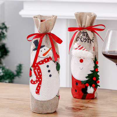 Christmas Linen Old Man Snowman Wine Gift Box Dining Table Wine Bottle Bag Red Wine Bag Christmas Bottle Cover Decorations