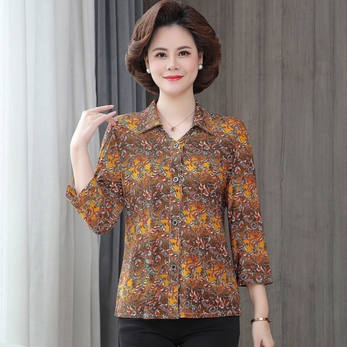 2022 summer new three-quarter sleeve lapel printed t-shirt for middle-aged and elderly mothers loose all-match pullover for women