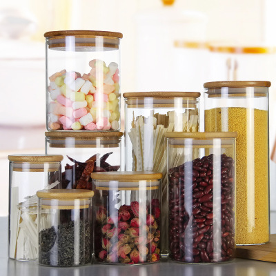 Kitchen Sealed Storage Glass Jar Transparent round Bamboo Cover Grains Tea Packaging Jar Food Tangerine Peel Storage Tank