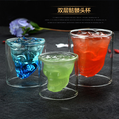 Double-Layer Locked Skull Bone Cup Wine Glass Beer Steins Whiskey Glass Cup in Human Skeleton Pirate Cup Cocktail Glass