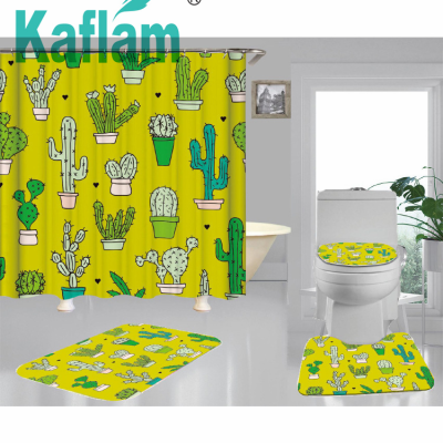 Cross-Border E-Commerce Hot Sale Polyester Cactus Shower Curtain Four-Piece Set Wholesale Custom Bathroom Shower Curtain