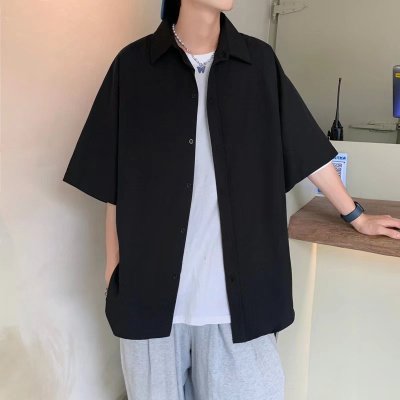 2022 Korean Style Internet Celebrity New Fashion Trendy Hong Kong Style Ins Handsome Men's Short Sleeve Shirt Coat One Piece Dropshipping