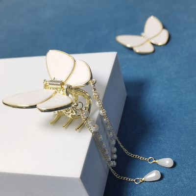 Korean Style New Fairy Pearl Tassel Butterfly Grip Women's Back Half Tie Small Shark Clip Fairy Hair Clip
