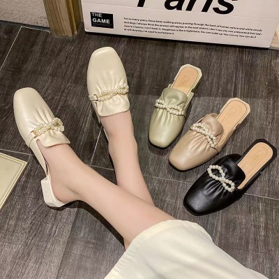 Women's Summer 2022 Korean Style Stylish Semi-Slippers Outdoor Toe Cap All-Matching Loafers Comfortable Beaded Sandals for Women