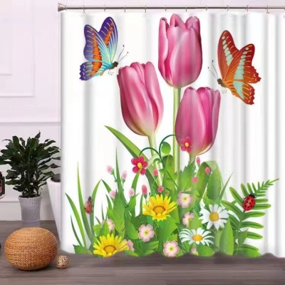 Digital Printing Shower Curtain Bathroom Partition Shower Curtain Multifunctional Waterproof Mildew-Proof Shower Curtain Factory Direct Sales Polyester Shower Curtain