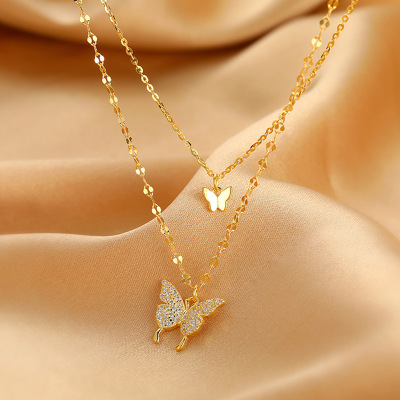 Japanese and Korean New Double-Layer Rhinestone Butterfly Necklace Women's Simple Temperamental Cold Style Clavicle Chain Necklace Factory Price Wholesale