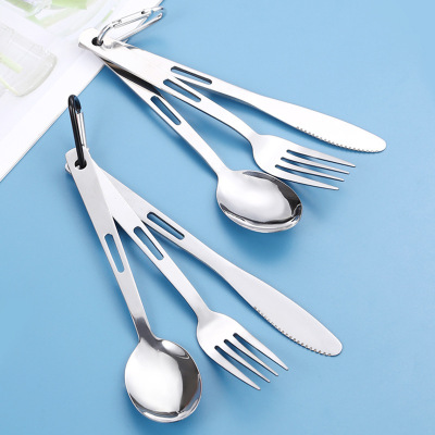 Outdoor Tableware Set Portable Storage 4-Piece Knife, Fork and Spoon Set with Buckle Stainless Steel Knife, Fork and Spoon 4-Piece Set