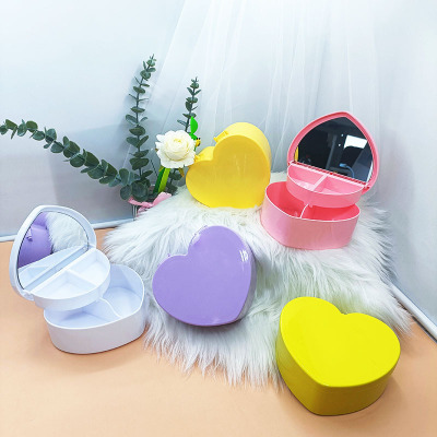 Candy Color Solid Color Double Rounds Mirror Large Heart-Shaped Storage Box Children's Handmade DIY Jewelry Box Wholesale