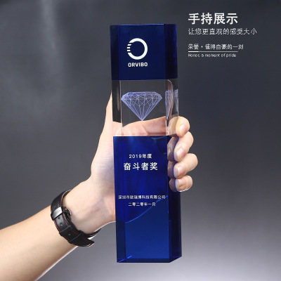 Carved Crystal Trophy Customized Blue Creative Golf Excellent Staff High-End Glass Plaque Custom Lettering