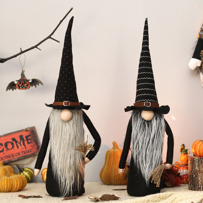 Factory Direct Cross-Border New Halloween Decorations Take Broom Wizard Faceless Old Man Doll Doll Ornaments