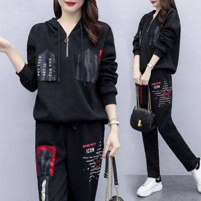 Cross-Border Plump Girls Spring and Autumn New Season Large Size Suit Loose Hooded Printed Casual Sportswear Women's Korean-Style Two-Piece Suit